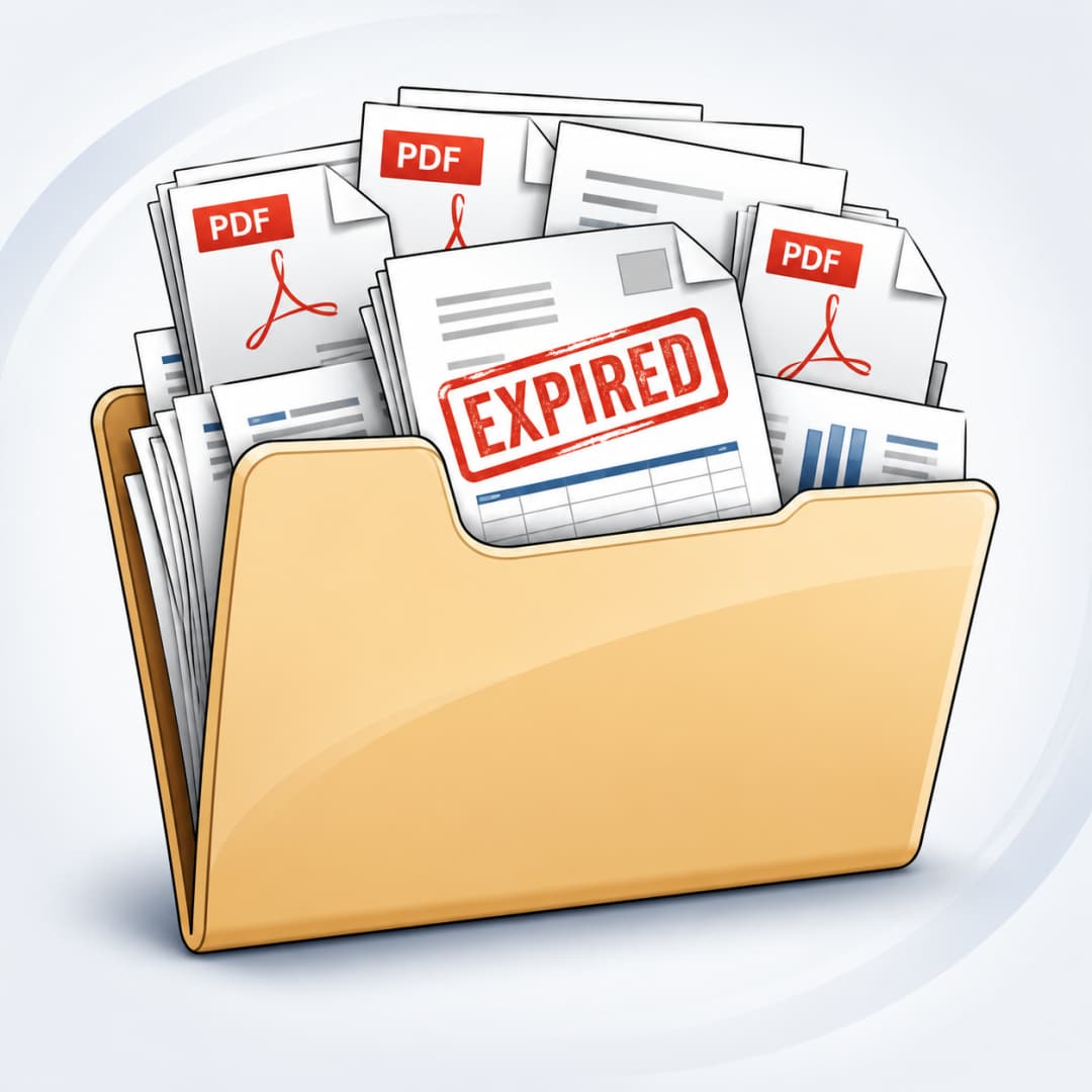 A folder overstuffed with PDF records, one tagged expired