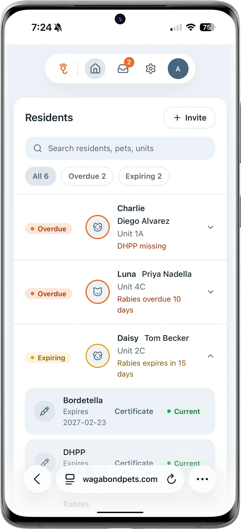 The Wagabond manager dashboard on a phone, listing resident pets with overdue and expiring vaccination status